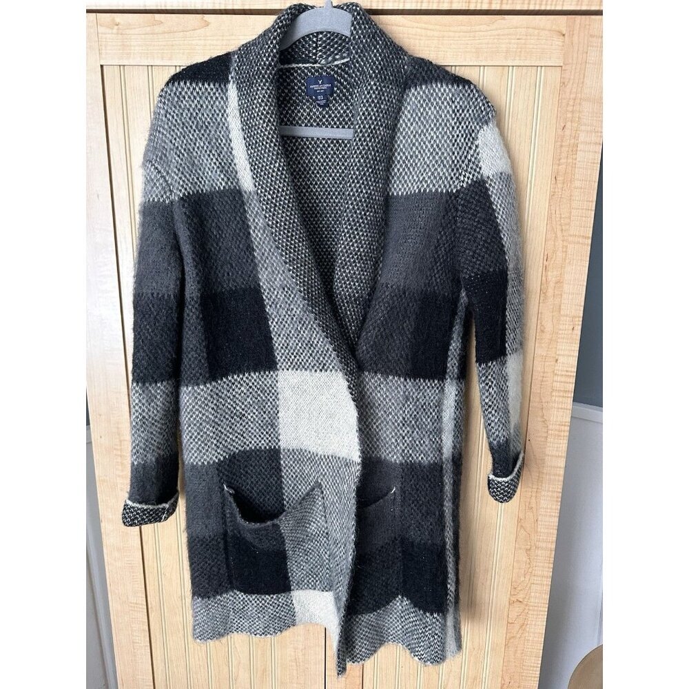 American Eagle Outfitters Oversized Plaid Sweater Coat Size XS Black Gray Soft
